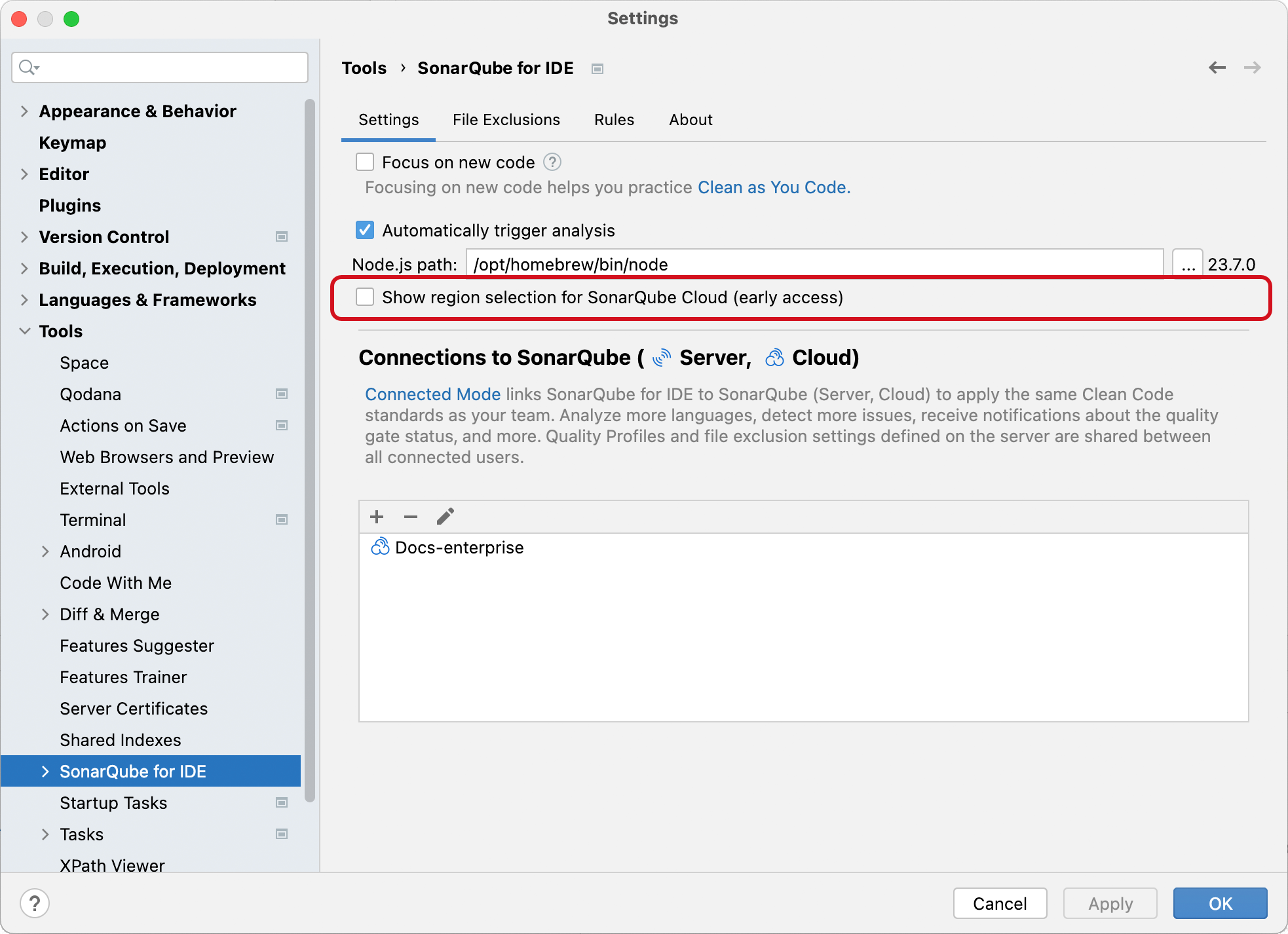 In IntelliJ, navigate to your Tools > SonarQube for IDE settings to select Show region selection for SonarQube Cloud.