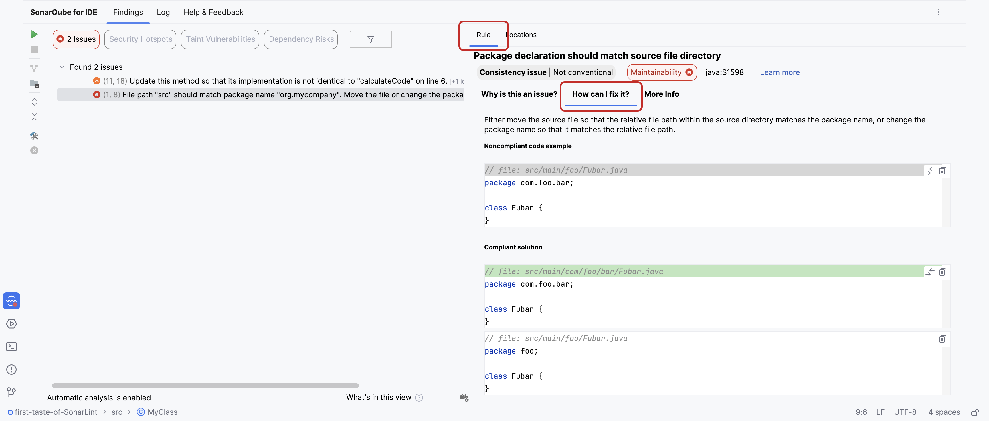 The SonarQube rule description will give you compliant rule sample, show here in green, when available.