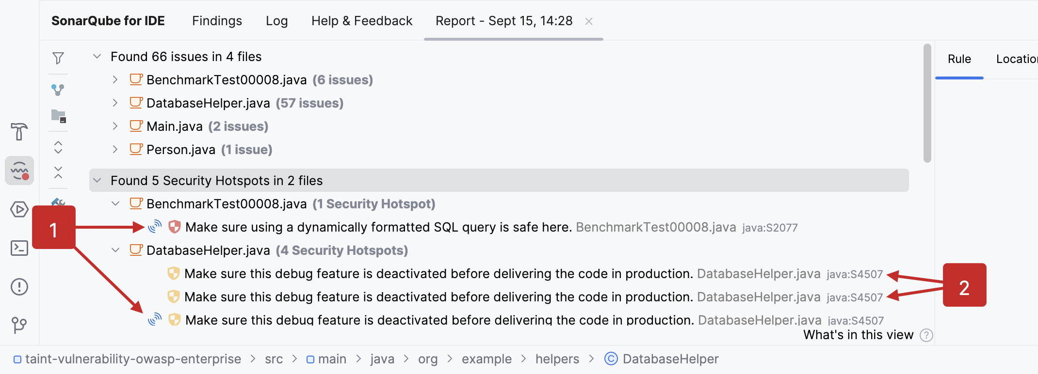SonarQube for IntelliJ will show you an additional SonarQube Server or Cloud icon to show you if it's known by the server, or if it's a newly introduced security hotspot.