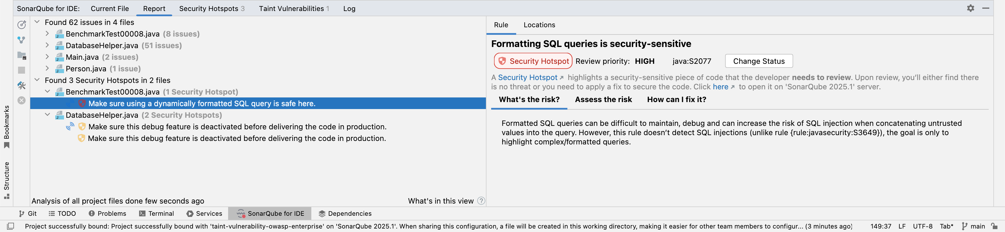 Security hotspots are separated from regular issues in the SonarQube for IDE: Report tab.