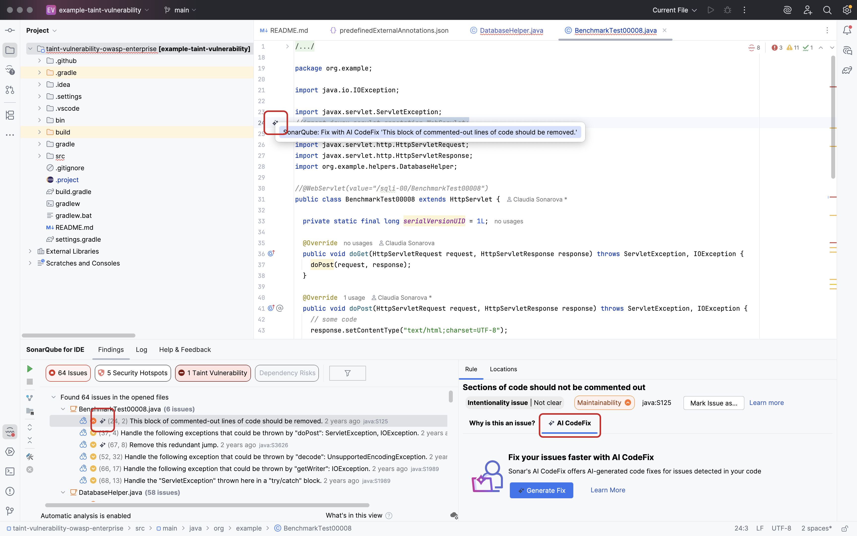 Issues that are eligible for AI-generated fix suggestions (the AI CodeFix feature) are highlighted by the star icon.