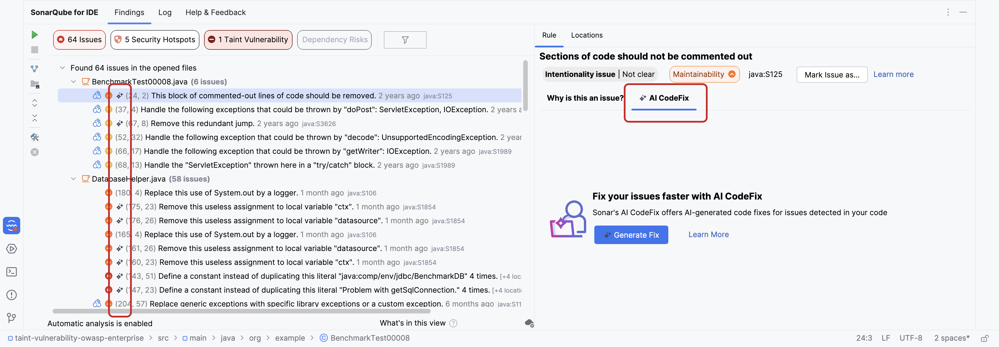 Issues that are eligible for AI-generated fix suggestions (the AI CodeFix feature) are highlighted by the star icon in the rule description.