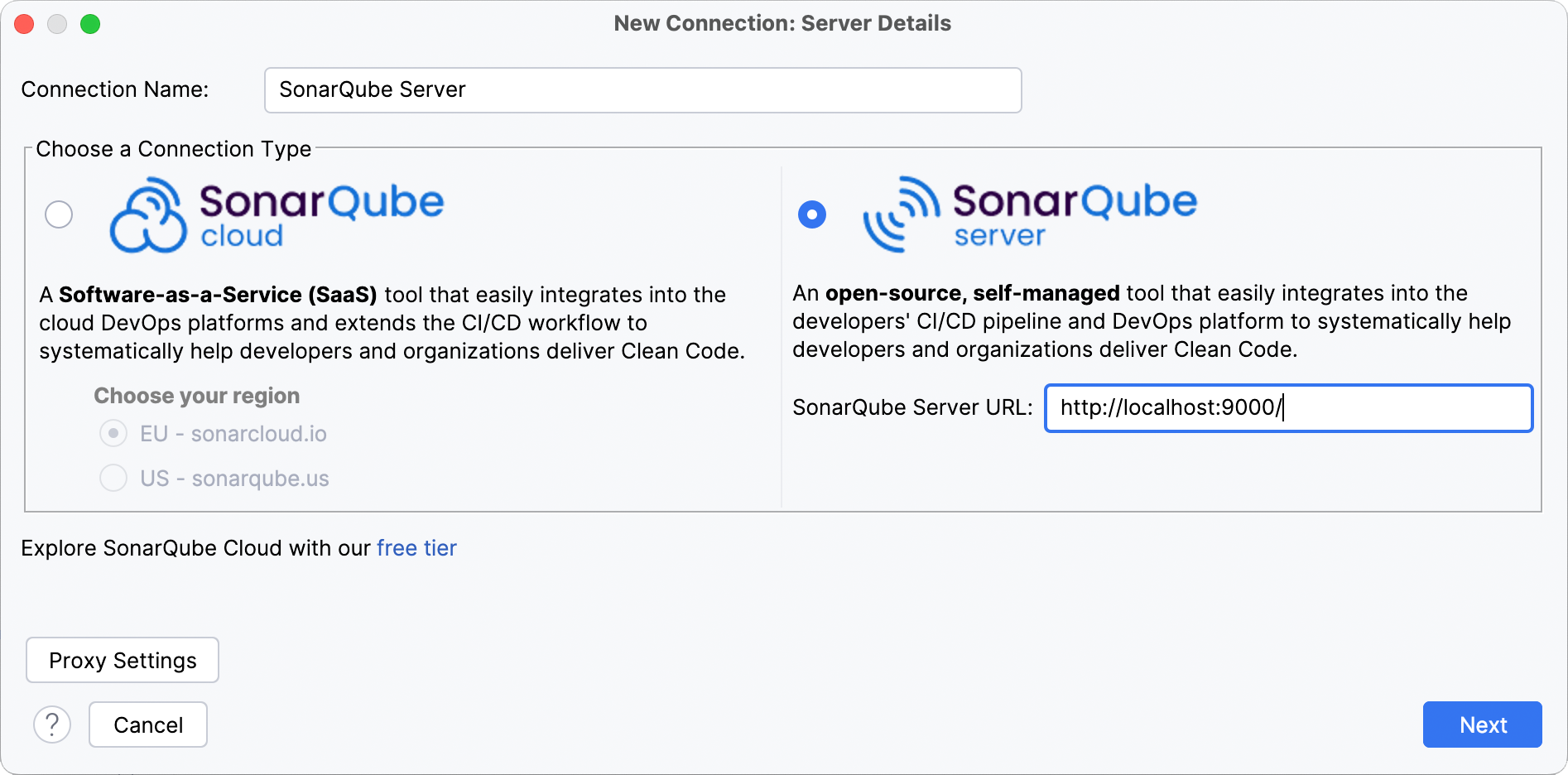 Choose SonarQube Server and add your server details to set up your connection with SonarQube for IntelliJ.