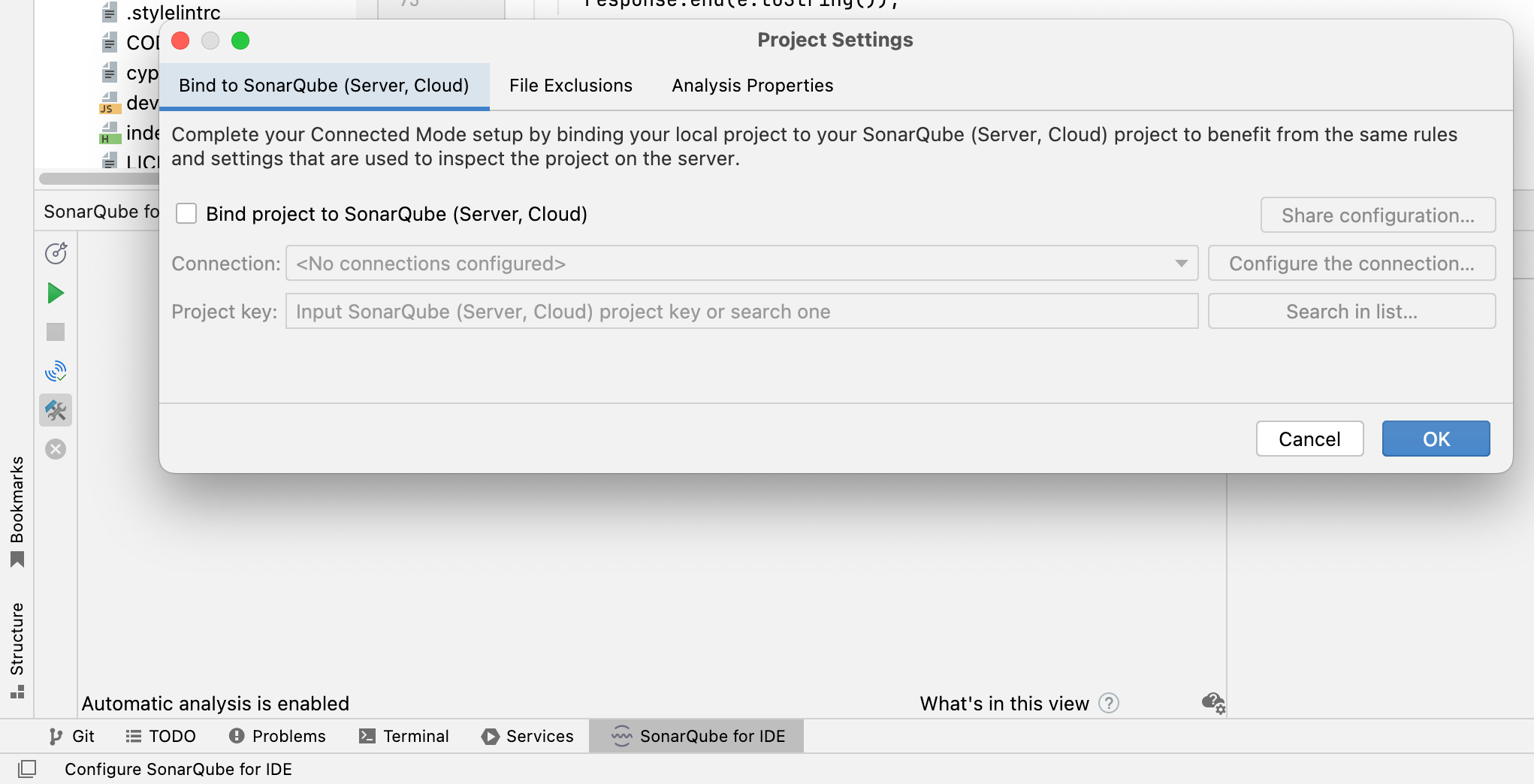 Select "Bind project to SonarQube (Server, Cloud)" to start the next step in setting up connected mode.
