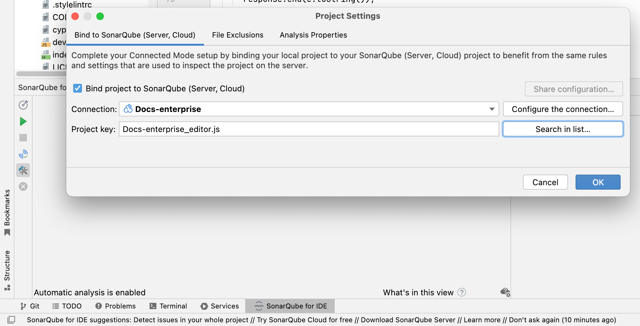 You can enter your Project key directly into the field, or use the search function to find it in a list of projects in your SonarQube (Server, Cloud) Organization.