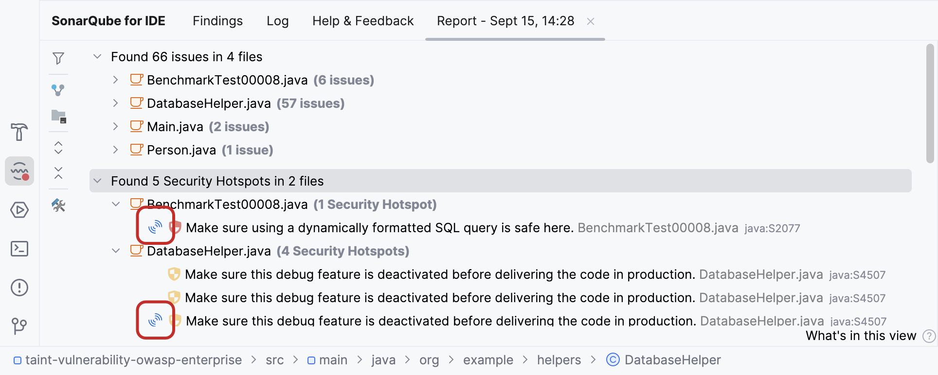 A SonarQube Server or Cloud icon will appear if an issue is also found by the server.