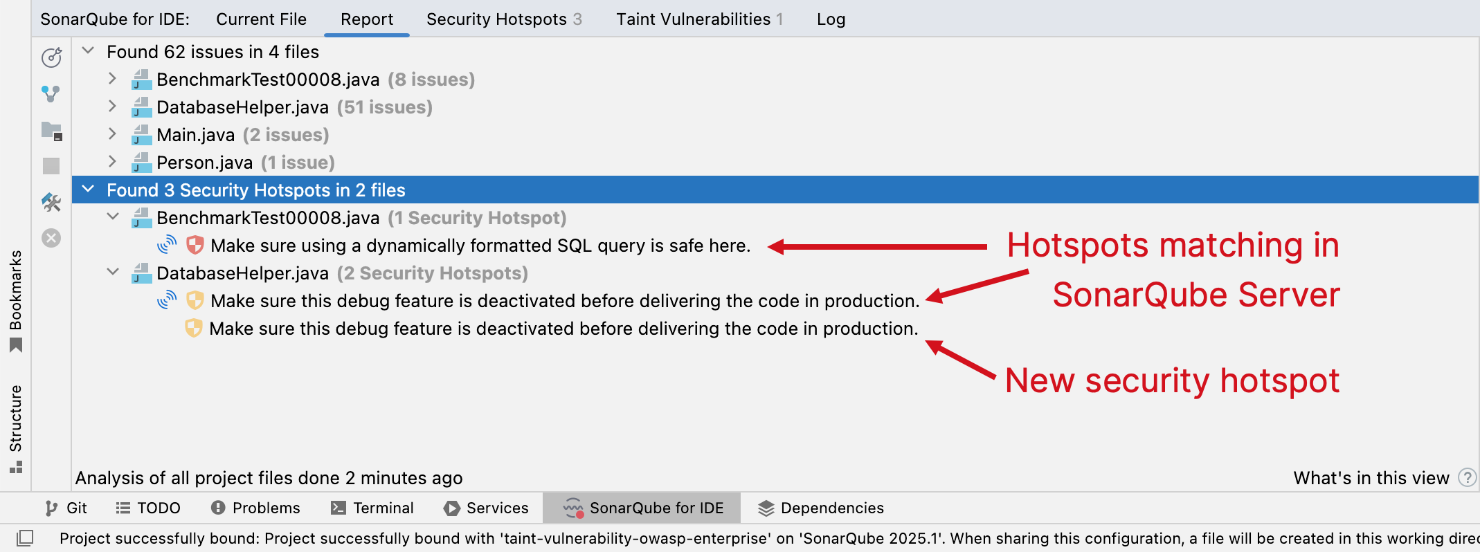 SonarQube for IntelliJ will show you an additional SonarQube Server or Cloud icon to show you if it's known by the server, or if it's a newly introduced security hotspot.