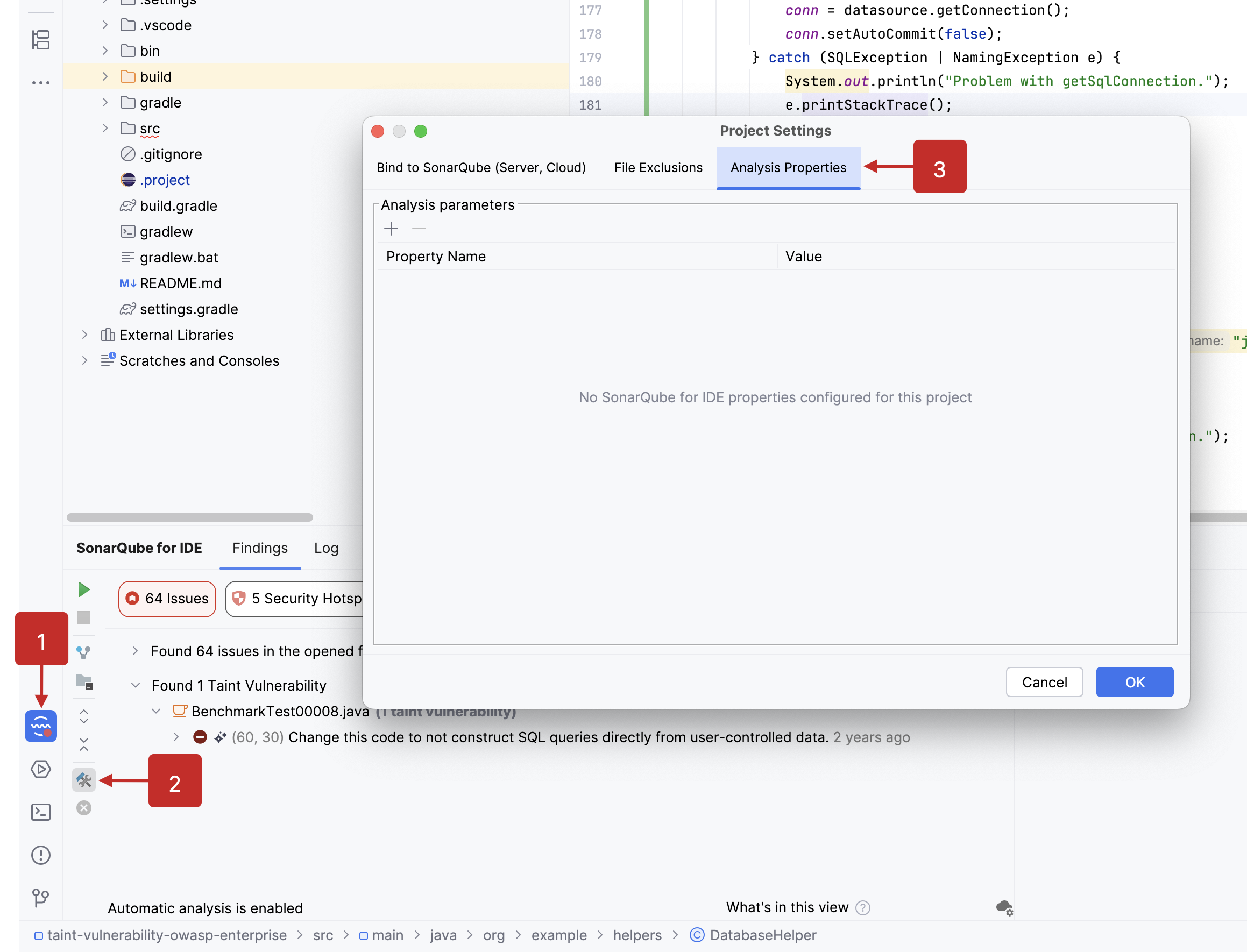 Go to "Configure SonarQube for IDE" > "Analysis Properties" to set your property configurations manually.