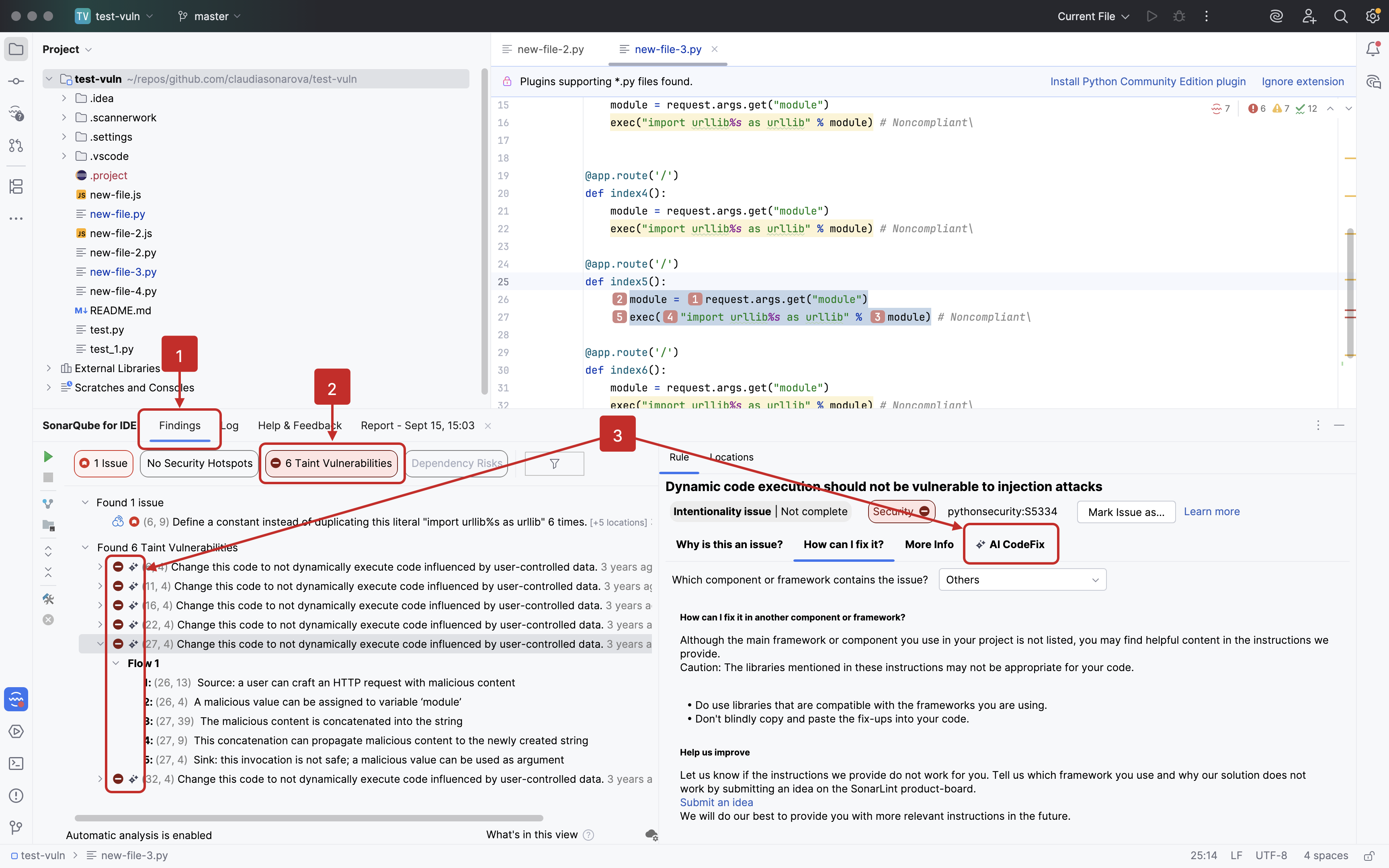 SonarQube for IntelliJ offers AI CodeFix solutions for taint vulnerabilities found by SonarQube Cloud.