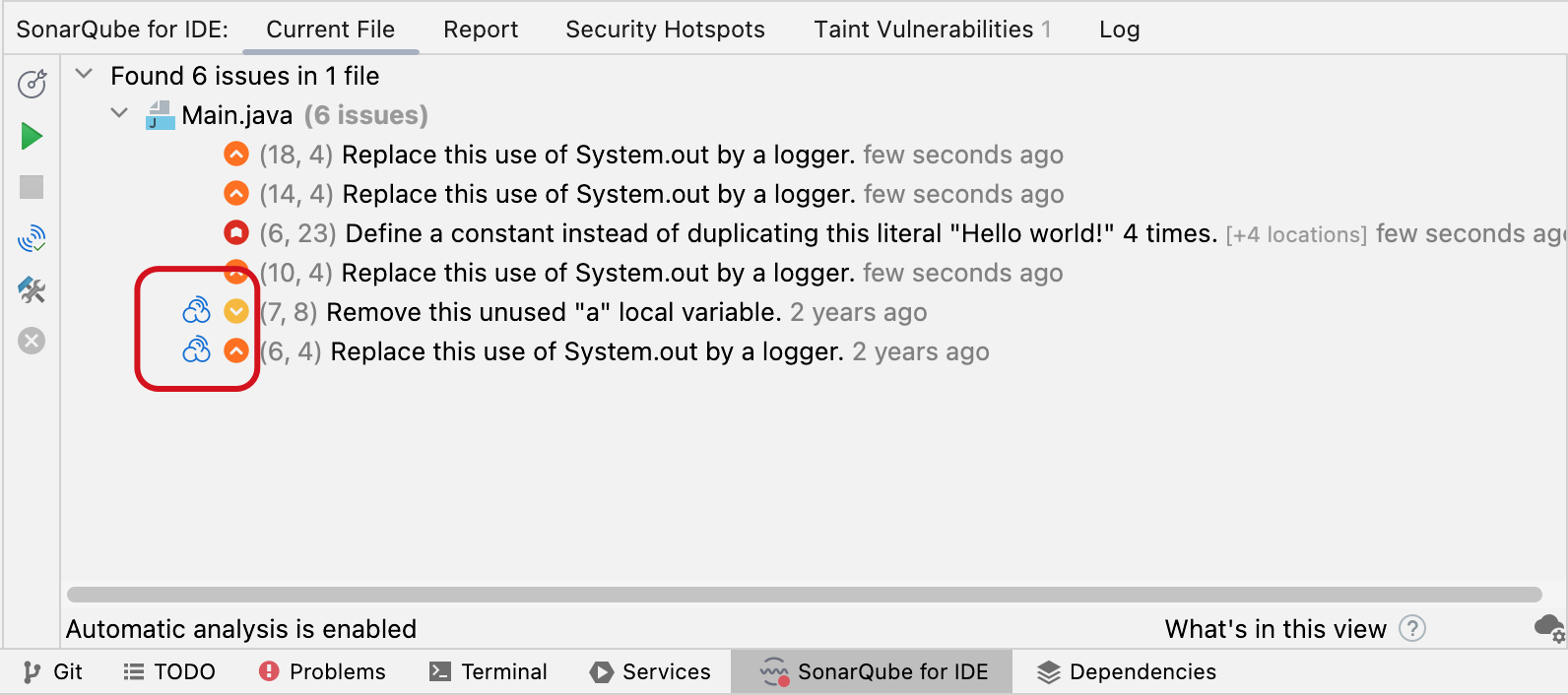 A SonarQube Server or Cloud icon will appear if an issue is also found by the server.