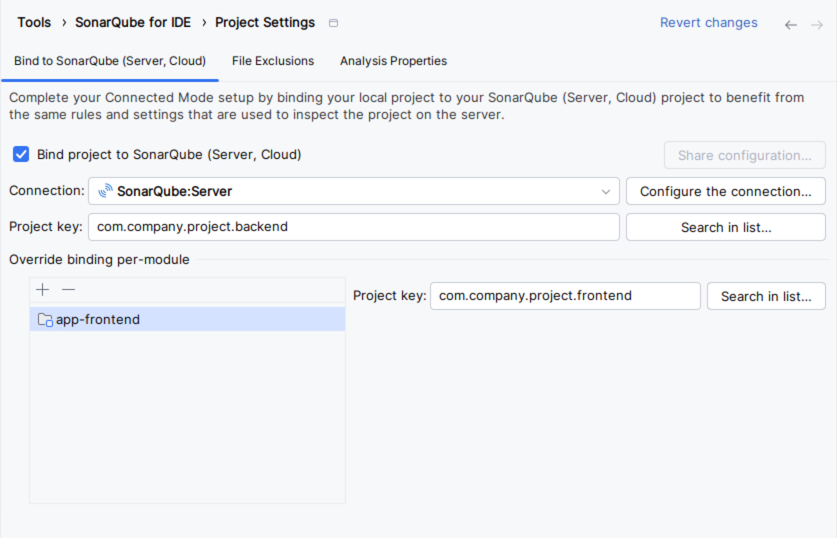 SonarQube for IntelliJ gives you the option to override your binding module, if you want.