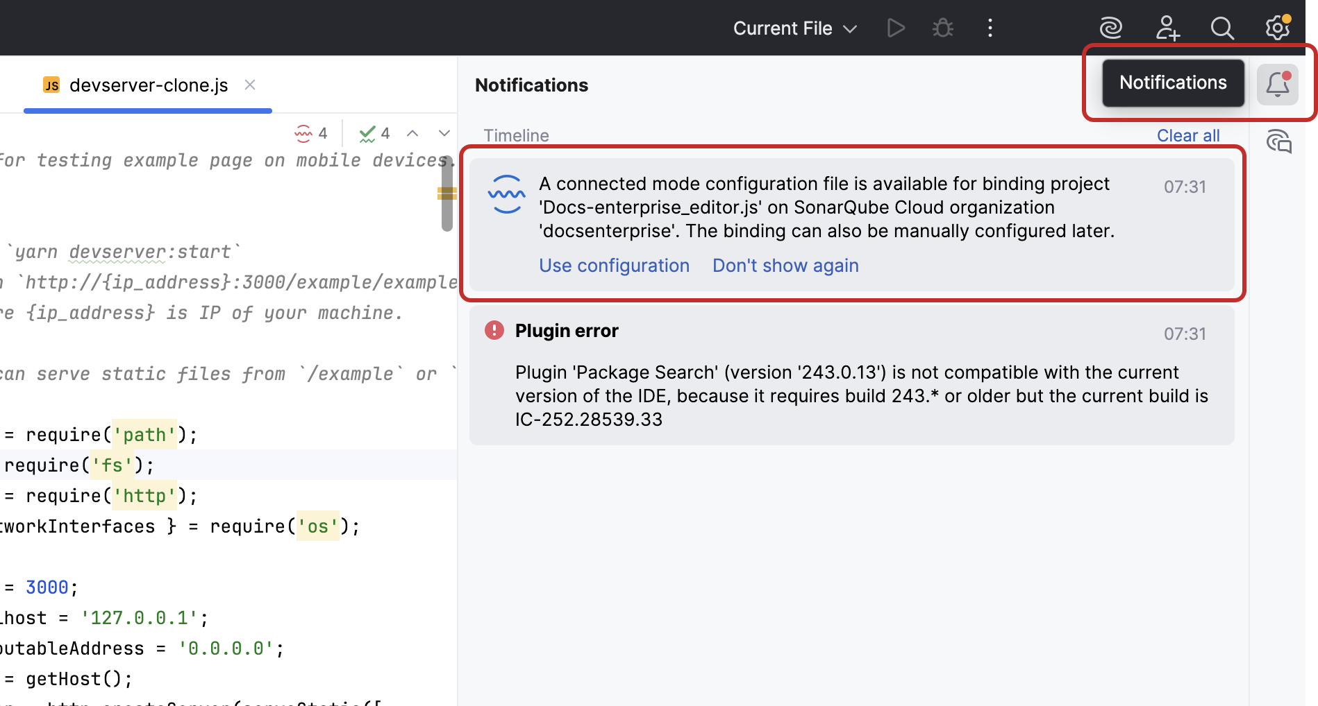 Open your notifications panel to use the shared connected mode configuration setup.